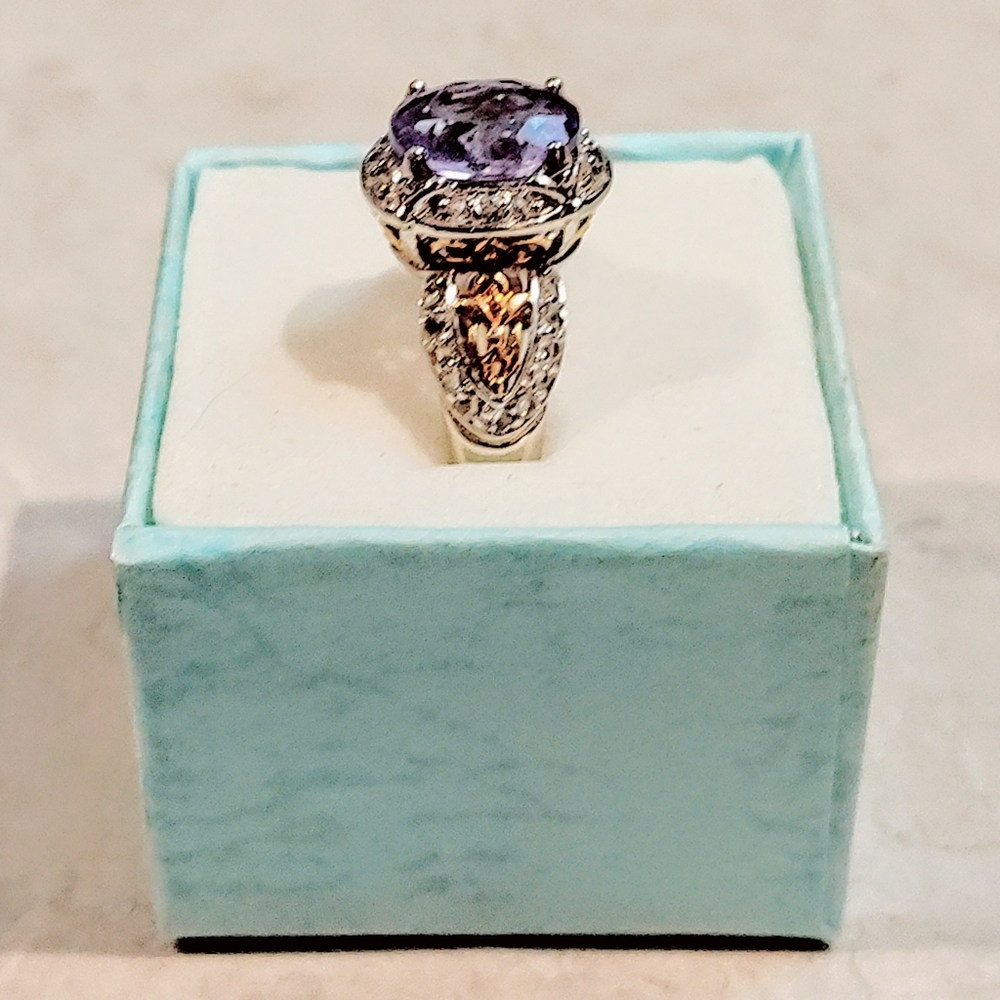 VINTAGE STERLING SILVER 2ct TANZANITE RING WITH DIAMOND CHIPS & 14K GOLD ACCENTS - Picture 5 of 16